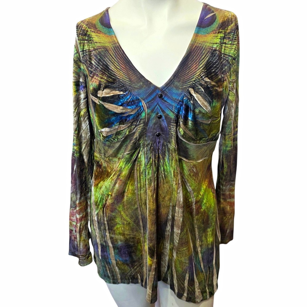 One World Live Let Live Tunic L Peacock Velvet Y2K Boho Whimsigoth V Neck Fairy!